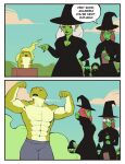 absurd_res adult_swim amphibian anthro black_clothing bonnymama7 bottomwear cartoon_network clipboard clothed clothing comic dialogue dress english_text female feral_to_anthro flexing flexing_bicep flexing_both_biceps freckled_face freckles frog fully_clothed glep_(smiling_friends) green_body green_skin group hair hat headgear headwear hi_res human jojo_pose magic magic_user male mammal markings mole_(marking) muscular muscular_anthro muscular_male outside pants pose red_eyes red_hair shirtless_anthro shirtless_male smiling_friends text transformation white_hair wide_eyed witch witch_hat