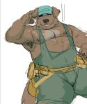 5:6 anthro armpit_hair artxtcy body_hair brown_body brown_fur canid canine canis clothing domestic_dog fur hat headgear headwear male mammal musclegut muscular muscular_male nipples overalls_only overweight overweight_male pecs simple_background solo tool_belt