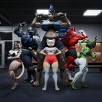3d_(artwork) abs absurd_res anthro antlers armband athletic_wear black_body black_skin blender_(artwork) blender_eevee blonde_hair blue_eyes blue_hair blue_markings bottomwear bra brown_body brown_skin canid canine canis choker clothing collar danny_sterling_(spitfire420007) deer deer_antlers digital_media_(artwork) domestic_dog dynal_(theonlydynal) felid female fish flexing_muscles frankie_(extremedash) green_body green_hair green_skin group gym gym_bottomwear gym_shorts hair hi_res horn jackalope jewelry lagomorph legwear lion looking_at_viewer male mammal marine markings moxy_(thepunkshark) multiple_poses muscular natsu_(natsu_o3o) necklace new_world_deer pantherine pants pose posing_for_picture red_body red_eyes red_hair red_skin reindeer ring scut_tail shark shiba_(shibashibs) shiba_inu short_tail shorts smile spiked_collar spikes spiky_hair spitz sports_bra stockings tail tail_tuft tattoo tattoo_on_shoulder theant/thedirtyant three-quarter_view tuft underwear white_hair wolf wolf_tail yellow_body yellow_eyes yellow_skin