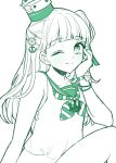  1girl anchor_hair_ornament blunt_bangs blush bracelet commentary dress eyelashes flower green_theme hair_flower hair_ornament hair_ribbon hat highres jewelry kantai_collection long_hair looking_at_viewer maestrale_(kancolle) mini_hat nagi_kantai114 neckerchief one_eye_closed one_side_up ribbon sailor_collar sailor_dress simple_background smile solo symbol-only_commentary 