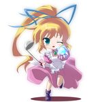  1girl apron blonde_hair blue_eyes breasts dress haru_(arser_doil) ladle lightning lilith_aileron long_hair open_mouth ponytail shoes tales_of_(series) tales_of_destiny wink 