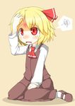  ascot beige_background blonde_hair blush bruise hair_ribbon hand_on_own_head hecchi_(blanch) injury open_mouth red_eyes ribbon rumia shirt short_hair simple_background sitting skirt solo spoken_squiggle squiggle tears touhou vest wariza 