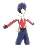  black_gloves blue_hair closed_eyes closed_mouth fingerless_gloves gloves highres hue_(pokemon) jacket legs_apart long_sleeves male_focus michela_d'inca outstretched_arms pokemon pokemon_(game) pokemon_bw2 simple_background smile solo spiked_hair standing white_background 