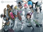  1girl 1other 6+boys aaroniero_arruruerie axe bald baraggan_louisenbairn black_hair bleach blonde_hair blue_eyes blue_hair brown_hair colored_skin commentary cowboy_shot coyote_starrk dark-skinned_male dark_skin everyone facial_mark fighting_stance floating_hair glasses green_eyes grimmjow_jaegerjaquez grin hair_between_eyes hair_over_shoulder hand_up highres holding holding_axe holding_sword holding_weapon hole_in_chest hole_on_body katana long_hair long_sleeves looking_ahead looking_at_viewer male_focus multiple_boys muscular muscular_male nnoitra_gilga old old_man open_clothes open_shirt phoka_toritori pink_hair shirt short_hair simple_background slit_pupils smile straight_hair sword symbol-only_commentary szayelaporro_granz tier_harribel tsurime ulquiorra_cifer weapon white-framed_eyewear white_background white_shirt white_skin yammy_llargo zommari_rureaux 
