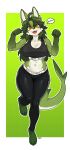 2025 4_toes 5_fingers absurd_res anchovy_(cursedanchovy) anthro bottomwear breasts clothed clothed_anthro clothed_female clothing countershade_torso countershading digital_media_(artwork) feet felid feline female fingers fish front_view fully_clothed fully_clothed_anthro fully_clothed_female fur green_body green_fur green_hair green_tail hair hi_res hybrid looking_at_viewer mammal marine navel orange_eyes pgm300 shark simple_background smile solo speech_bubble tail text toes topwear