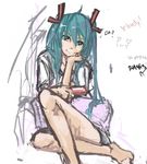  aqua_eyes aqua_hair bare_legs barefoot cellphone commentary english_commentary hair_ornament hatsune_miku long_hair naked_shirt panties_(pantsu-pirate) phone pillow shirt sitting sketch smile solo twintails vocaloid 