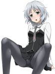  :o black_legwear blush crotch_seam green_eyes head_tilt looking_at_viewer military military_uniform open_mouth panties panties_under_pantyhose pantyhose sanya_v_litvyak short_hair silver_hair simple_background sitting skirt solo spread_legs strike_witches underwear uniform white_background world_witches_series youkan 