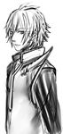  acidfreecoke amata_sora aquarion_(series) aquarion_evol collar greyscale long_sleeves looking_at_viewer male_focus monochrome simple_background solo uniform what_if white_background 