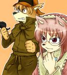  1boy 1girl 80s animal_ears cheadle_yorkshire coat dog dog_ears frills glasses hat hunter_x_hunter meitantei_holmes oldschool orange_background pink_hair red_eyes sherlock_hound 