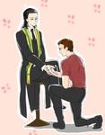  avengers bad_id bad_pixiv_id black_hair brown_hair clint_barton formal goku2036 green_eyes hair_slicked_back kneeling loki_(marvel) male_focus marvel multiple_boys scarf suit 