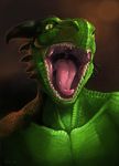  anthro brown_background close-up detailed fangs gaping_maw green_body green_eyes green_scales horn lizard long_tongue looking_at_viewer male maw_shot open_mouth plain_background portrait reptile rhyu saliva scalie sharp_teeth signature slit_pupils solo spikes teeth throat tongue topless uvula 