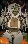2024 5_fingers absurd_res anthro big_breasts breasts digital_media_(artwork) dragon elena_(psychorodent) eyewear female fingers food front_view fruit fur furred_dragon furred_scalie glasses green_eyes green_horn green_tongue hair halloween heart_eyes heart_symbol hi_res holidays horn long_hair looking_at_viewer mythological_creature mythological_scalie mythology non-mammal_breasts open_mouth plant psychorodent pumpkin scalie snatyr solo tail teeth thigh_gap tongue white_body white_fur white_hair white_tail wraps