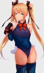  1girl bare_shoulders black_ribbon blonde_hair blue_eyes blue_one-piece_swimsuit blue_sleeves blue_thighhighs blush breasts casual_one-piece_swimsuit covered_navel cowboy_shot dead_or_alive dead_or_alive_5 detached_sleeves frilled_one-piece_swimsuit frilled_thighhighs frills gloves grey_background hair_ornament hair_ribbon highleg highleg_one-piece_swimsuit highres kameponde leotard long_hair looking_at_viewer marie_rose marie_rose_(devilish_servant_against_the_splashing_waves) one-piece_swimsuit ribbon small_breasts solo swimsuit thighhighs twintails x_hair_ornament 