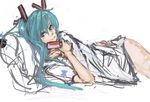 aqua_eyes aqua_hair cellphone commentary english_commentary grin hair_ornament hatsune_miku long_hair lying naked_shirt on_side panties_(pantsu-pirate) phone pillow shirt sketch smile solo twintails vocaloid 