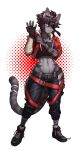 2024 5_fingers absurd_res anthro aunix_(nanovyne) blue_eyes bottomwear breasts clothed clothed_anthro clothed_female clothing countershade_torso countershading domestic_cat ear_piercing felid feline felis female fingerless_gloves fingers footwear front_view fur gloves grey_body grey_fur hair handwear hi_res jacket jewelry looking_at_viewer mammal markings navel necklace pants pgm300 piercing shoes simple_background socks solo standing striped_body striped_fur striped_markings striped_tail stripes tail tail_markings topwear