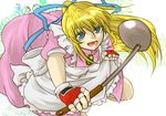  1girl apron blonde_hair blue_eyes breasts dress fingerless_gloves frills gloves lilith_aileron long_hair open_mouth ponytail tales_of_(series) tales_of_destiny 