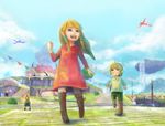  2boys bad_id bad_pixiv_id blonde_hair blue_eyes blue_sky boots cloud day dress groose laughing link loftwing multiple_boys princess_zelda red_hair sky smile the_legend_of_zelda the_legend_of_zelda:_skyward_sword usamichan young_link young_zelda younger 