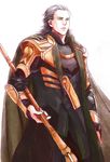  armor avengers black_hair cape green_eyes loki_(marvel) male_focus marvel reann solo staff 