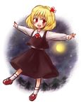  blonde_hair blush dress_shirt full_moon hair_ribbon mary_janes mokku moon night night_sky open_mouth outstretched_arms red_eyes ribbon rumia shirt shoes short_hair skirt skirt_set sky smile solo touhou tree 