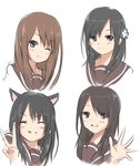  animal_ears black_eyes black_hair brown_eyes brown_hair cat_ears hair_ornament kemonomimi_mode mikami_shiori multiple_girls nanamori_school_uniform one_eye_closed ookubo_rumi ootsubo_yuka real_life school_uniform seiyuu serafuku simple_background tsuda_minami v waving white_background yuki_(sangeki5806) yuru_yuri 