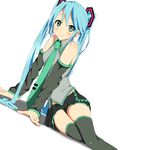  aqua_eyes aqua_hair bad_id bad_pixiv_id detached_sleeves dutch_angle hatsune_miku kaiman long_hair looking_at_viewer lying necktie on_side parody sitting skirt smile solo style_parody twintails very_long_hair vocaloid 
