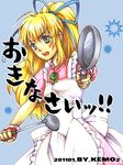  1girl apron blonde_hair blue_background breasts dress frills frying_pan gloves green_eyes ladle lilith_aileron long_hair open_mouth ponytail tales_of_(series) tales_of_destiny 