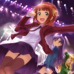  amami_haruka blazer blonde_hair brown_hair buntan dancing green_eyes hair_ribbon hoshii_miki idolmaster idolmaster_(classic) jacket kisaragi_chihaya long_hair multiple_girls necktie open_clothes open_jacket open_mouth pleated_skirt purple_hair ribbon short_hair skirt smile stage thighhighs 