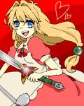  1girl apron blonde_hair blue_eyes breasts dress ladle lilith_aileron lowres open_mouth red_background sword tales_of_(series) tales_of_destiny weapon 