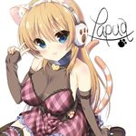  1girl animal_ears blonde_hair blue_eyes cat_ears cat_tail headphones heart heart_necklace jewelry kishimoto_papua legwear necklace paw paws see-through simple_background sleeves stockings tail text thighhighs transparency transparent transparent_clothes transparent_clothing v 