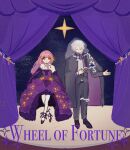  1boy 1girl asou_chan bare_shoulders belt black_belt black_cape black_jacket black_pants black_shoes blazer blunt_bangs bow bowtie cape closed_eyes closed_mouth commentary_request cross-laced_shoes curtains determined dress dress_pants dress_shirt dress_shoes elbow_gloves english_text footwear_bow frilled_dress frills full_body gloves gown hand_on_own_stomach high_heels highres jacket jewelry lace-trimmed_dress lace-trimmed_gloves lace_trim long_hair long_sleeves looking_at_viewer mercury_(shining_nikki) necklace nikki_(nikki) nikki_(series) orange_eyes pants pink_hair purple_bow purple_bowtie purple_cape purple_dress purple_gloves purple_shoes shining_nikki shirt short_hair sidelocks stage standing star_(symbol) star_sea_(miracle_nikki) tarot two-sided_cape two-sided_fabric v-shaped_eyebrows wheel_of_fortune_(tarot) white_hair white_shirt 