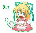  1girl apron blonde_hair blue_eyes cup dress lilith_aileron long_hair lowres open_mouth ponytail saintpaulia tales_of_(series) tales_of_destiny 