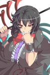  asymmetrical_wings black_hair bow breasts covered_nipples grin houjuu_nue huge_breasts ky. polearm red_eyes smile smug snake solo touhou trident weapon wings wrist_cuffs 