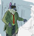 anthro artxtcy bottomwear canid canine canis car clothing coat dale_donovan_(friends_vs_friends) eyewear friends_vs_friends fur grey_body grey_fur gun hi_res male mammal necktie pants ranged_weapon sketch solo sunglasses topwear trenchcoat vehicle weapon wolf yellow_eyes