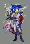  2boys aura blue_cape blue_eyes blue_hair cape commentary_request company_name father_and_son fire_emblem fire_emblem:_genealogy_of_the_holy_war fire_emblem_cipher full_body grey_background headband highres holding holding_sword holding_weapon long_hair male_focus multiple_boys official_art ponytail red_cape seliph_(fire_emblem) short_hair sigurd_(fire_emblem) simple_background suzuki_rika sword two-sided_cape two-sided_fabric tyrfing_(fire_emblem) weapon 