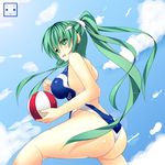  ass ball beachball blue_sky blue_swimsuit blush breasts cloud competition_swimsuit day frog_hair_ornament from_below green_eyes green_hair hair_ornament highres kochiya_sanae large_breasts long_hair looking_back ngirln4 one-piece_swimsuit open_mouth ponytail sky snake solo swimsuit touhou 