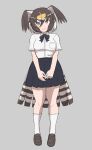  1girl absurdres alternate_costume bird_girl bird_tail bird_wings black_hair blonde_hair blue_bow blue_bowtie blue_skirt bow bowtie brown_hair brown_shoes collared_shirt full_body hair_between_eyes head_wings highres kemono_friends loafers looking_at_viewer multicolored_hair northern_goshawk_(kemono_friends) pleated_skirt rest_in_muni school_uniform shirt shoes short_hair short_sleeves sidelocks skirt smile socks solo striped_bow striped_bowtie striped_clothes t-shirt tail white_hair white_shirt white_socks wings yellow_eyes 