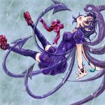  asymmetrical_wings houjuu_nue nanashii_(soregasisan) open_mouth purple_hair rain solo thighhighs touhou wings wrist_cuffs 