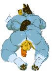 anthro anus artxtcy australian_cattle_dog back_muscles backsack balls bandit_heeler black_body black_fur blue_body blue_fur bluey_(series) butt canid canine canis cattledog domestic_dog fur genitals herding_dog humanoid_genitalia humanoid_penis looking_back lying male mammal muscular muscular_male on_front pastoral_dog pawpads penis presenting presenting_hindquarters simple_background solo yellow_body yellow_fur