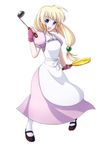  1girl apron blonde_hair blue_eyes breasts dress frills frying_pan gloves ladle lilith_aileron long_hair open_mouth shoes socks tales_of_(series) tales_of_destiny 