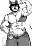 abs anthro artxtcy bottomwear canid canine clothing eyewear flexing grin hi_res male mammal monochrome muscular muscular_male nipples pants pecs pubes smile solo sunglasses