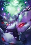  fire foreshortening gen_1_pokemon gengar ghost glowing glowing_eyes grin ian_olympia looking_at_viewer night no_humans pokemon pokemon_(creature) purple_fire red_eyes smile tree watermark 