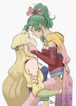  2girls blue_shirt blush breasts carrying carrying_person celes_chere crown dress eye_contact feet_out_of_frame final_fantasy final_fantasy_vi gradient_cape hair_ornament hair_ribbon hands_on_another&#039;s_face hands_on_another&#039;s_thighs highres long_hair looking_at_another multiple_girls pantyhose ponytail red_dress ribbon shirt signature sleeveless sleeveless_dress tayasigerson terra_branford upper_body vest yellow_vest yuri 