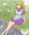  1girl apron blonde_hair blue_eyes breasts dress flower frills grass lilith_aileron long_hair ponytail tales_of_(series) tales_of_destiny water 