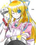  1girl apron blonde_hair blue_eyes breasts dress frills frying_pan ladle liel lilith_aileron long_hair lowres ponytail smile tales_of_(series) tales_of_destiny wink 