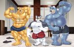 2021 4_toes 5_fingers abs anthro arley_(arleydog) arley_dog armpit_hair barbell_piercing bear belly biceps big_muscles big_pecs biped bird_dog black_body black_bottomwear black_claws black_clothing black_eyebrows black_finger_claws black_fur black_nipples black_nose black_pawpads black_shorts black_toe_claws blue_body blue_bottomwear blue_clothing blue_eyes blue_fur blue_shorts blush body_hair bottomwear brown_body brown_eyebrows brown_fur canid canine canis ceiling ceiling_lamp claws clothed clothed_anthro clothed_male clothing countershade_fur countershade_torso countershading deltoids detailed_background digit_ring digital_drawing_(artwork) digital_media_(artwork) discarded_footwear domestic_dog eyebrows feet felix_sotelo finger_claws finger_ring fingerpads fingers flexing flexing_bicep flip_flops floor floppy_ears footwear front_view fur gloves_(marking) golden_retriever group hand_on_own_chest herding_dog humanoid_hands hunting_dog inside jewelry lamp larger_anthro larger_male locker locker_room looking_aside looking_at_another looking_down_at_another male mammal markings married_couple monotone_body monotone_fur multicolored_body multicolored_fur musclegut muscular muscular_anthro muscular_male nipple_barbell nipple_piercing nipples open_mouth open_smile pastoral_dog pawpads pecs piercing pink_nipples plantigrade pose quads red_bottomwear red_clothing red_shorts retriever ring russell_sotelo sandals shaded shoes short shorts shorts_only signature size_difference smaller_anthro smaller_male smile smiling_at_viewer standing tail tan_body tan_fur teeth tile tile_floor toe_claws toes topless topless_anthro topless_male triceps trio wedding_ring welsh_corgi whisker_spots white_body white_claws white_countershading white_finger_claws white_fur white_inner_ear white_toe_claws yellow_body yellow_fur yellow_sclera
