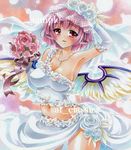  animal_ears armpits at_classics blush bouquet breasts cleavage dress flower impossible_clothes impossible_shirt jewelry large_breasts marker_(medium) midriff mystia_lorelei navel necklace pink_hair red_eyes sample shirt short_hair smile solo touhou traditional_media veil wedding_dress 