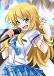  :d ahoge blonde_hair bracelet clenched_hand green_eyes hoshii_miki idolmaster idolmaster_(classic) jewelry long_hair microphone miri_(ago550421) necktie open_mouth rough_time_school skirt smile solo sweat 