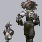 1boy 1girl ? bow closed_mouth dreadlocks eiko_carol final_fantasy final_fantasy_ix from_behind grey_background grey_theme hair_bow hands_on_own_hips highres looking_at_another pants paper salamander_coral shirt simple_background sleeveless sleeveless_shirt so-taro suspenders 