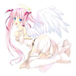  angel ass blue_eyes blush breast_press breasts dress halo long_hair medium_breasts no_nipples open_mouth original pink_hair simple_background solo tears thighhighs twintails uneven_twintails white_background white_legwear wings yanagi_yuu 