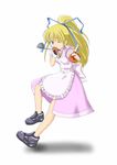  1girl apron blonde_hair blue_eyes breasts dress fingerless_gloves frills gloves ladle lilith_aileron long_hair ponytail shitan shoes tales_of_(series) tales_of_destiny 